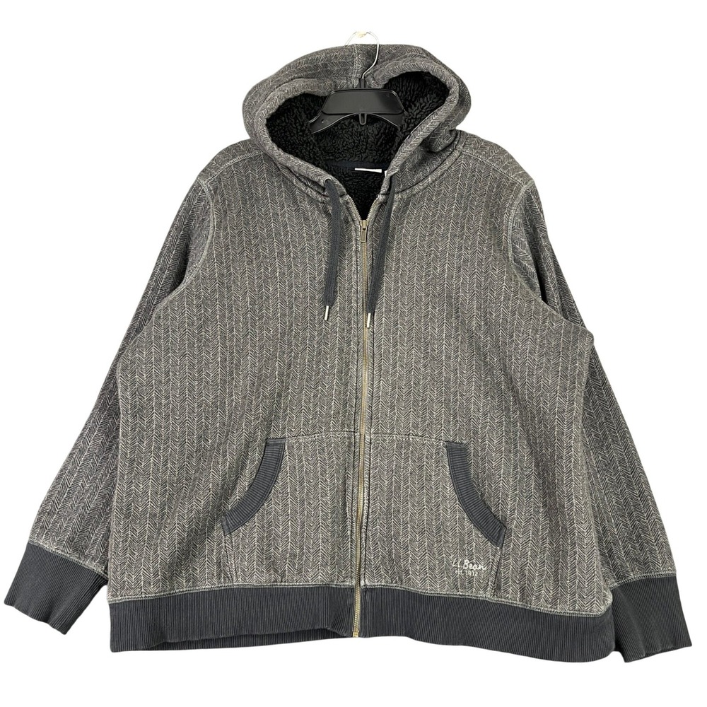 LL Bean Sherpa Lined Full Zip‎ Hoodie Herringbone Gray Fleece Jacket 2X Womens
